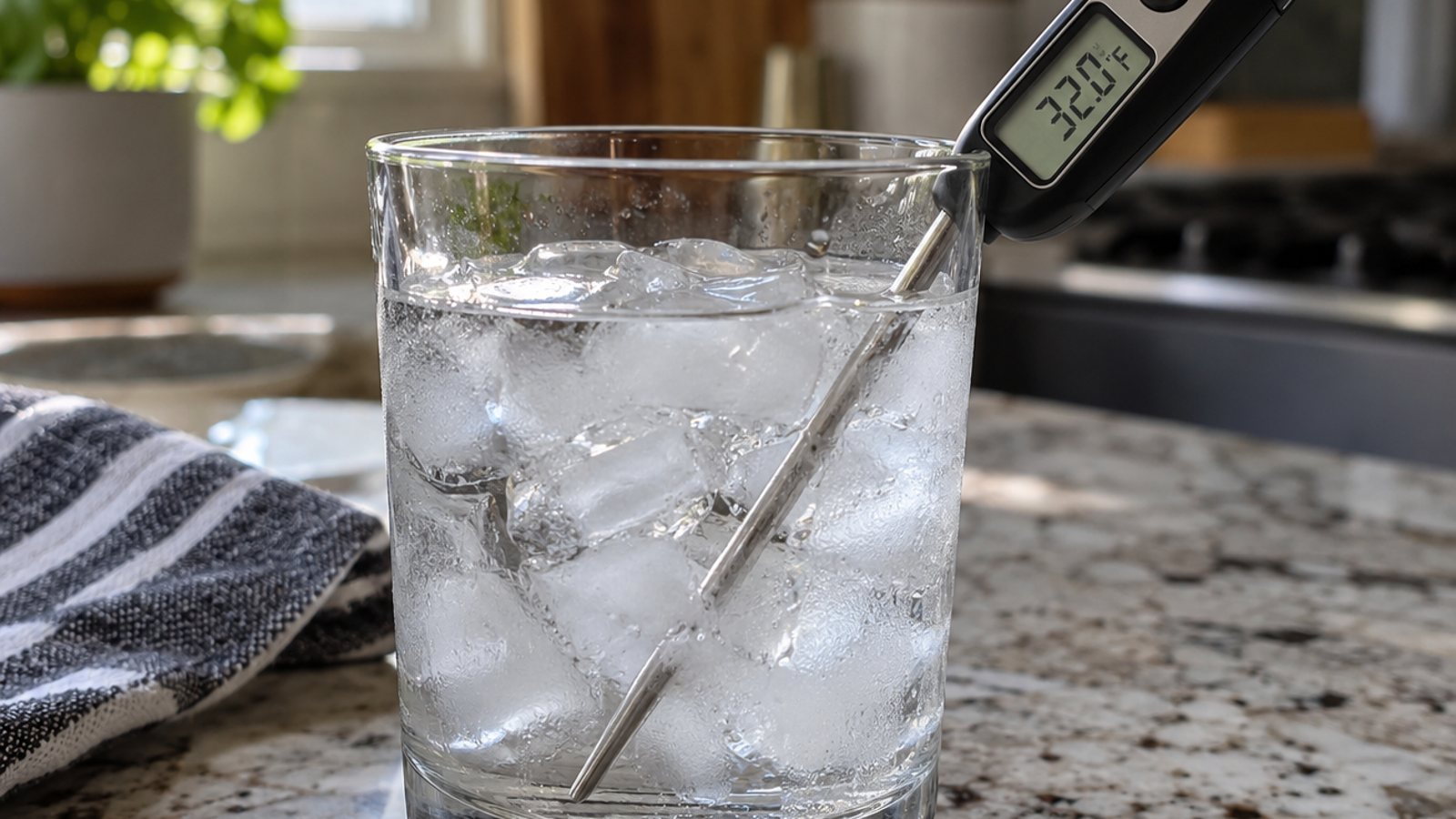 A thermometer probe in a glass of ice water (illustrative)