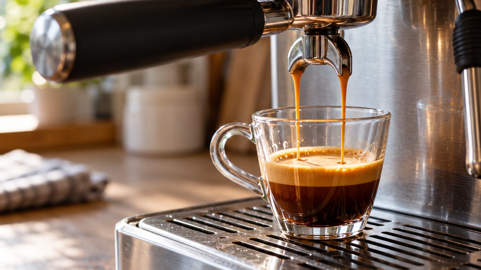 A home espresso machine pulling a shot (illustrative)