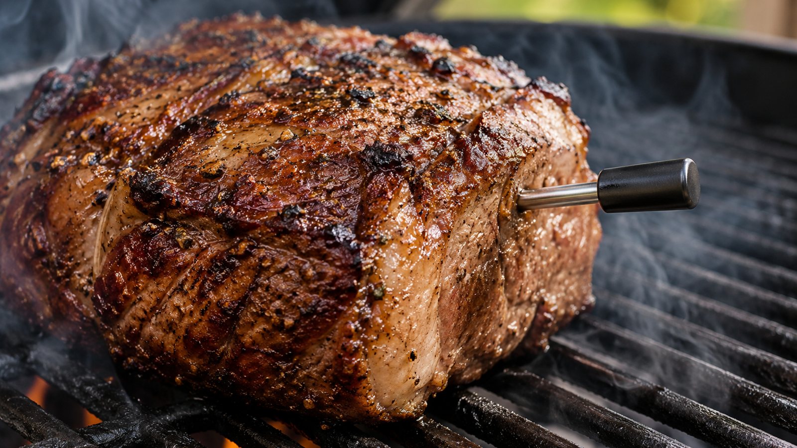 A wireless probe in a roast on a grill (illustrative)