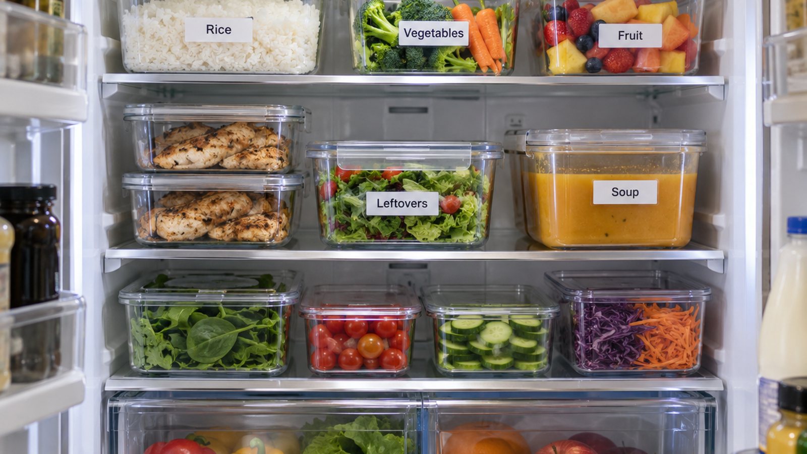 A stocked refrigerator with labeled containers (illustrative)