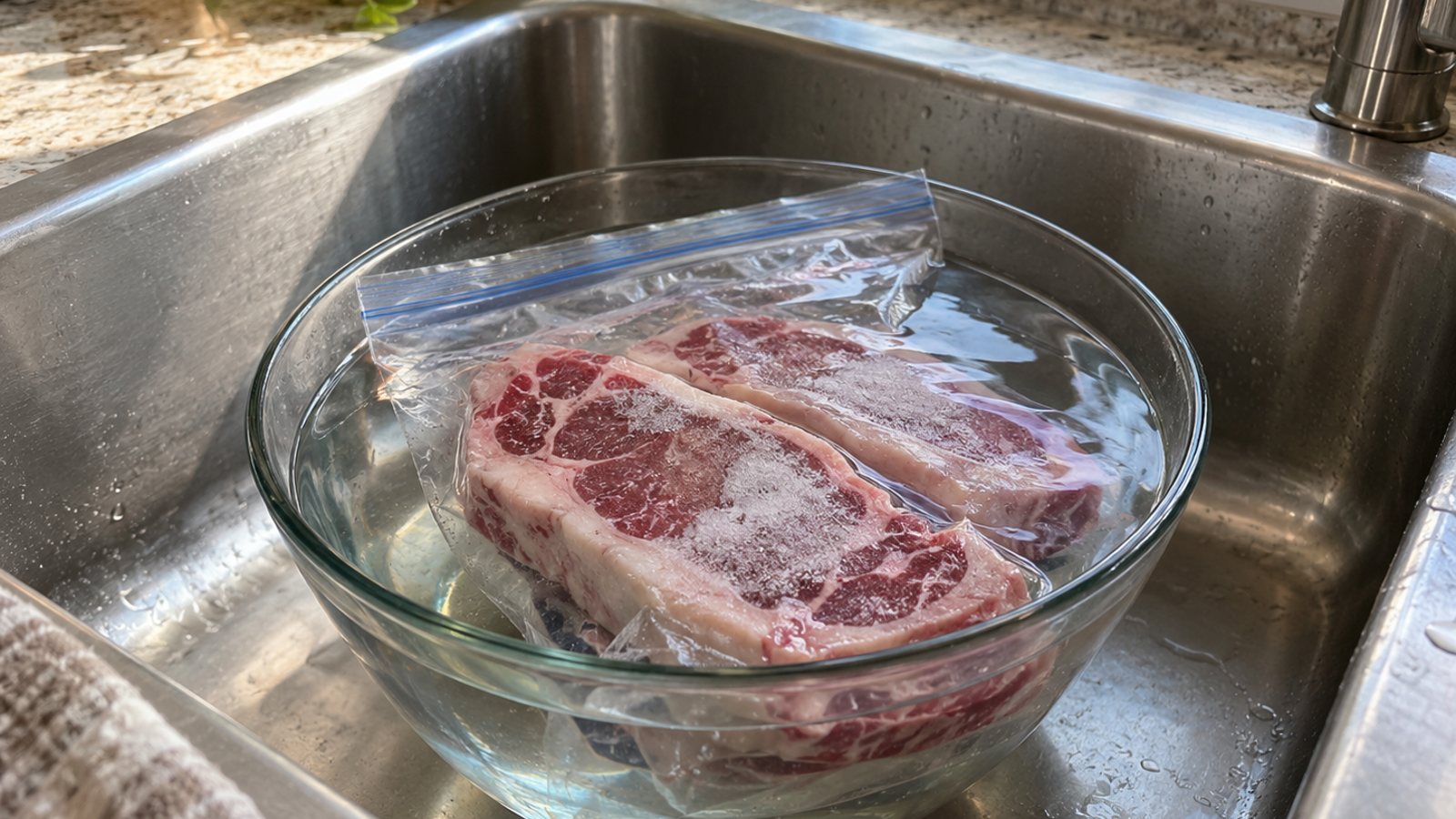 Frozen steaks thawing in cold water (illustrative)